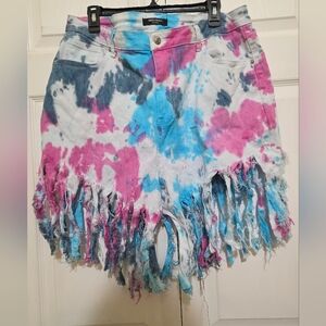 American Bazi Colorful Tie-Dye Fringed Shorts